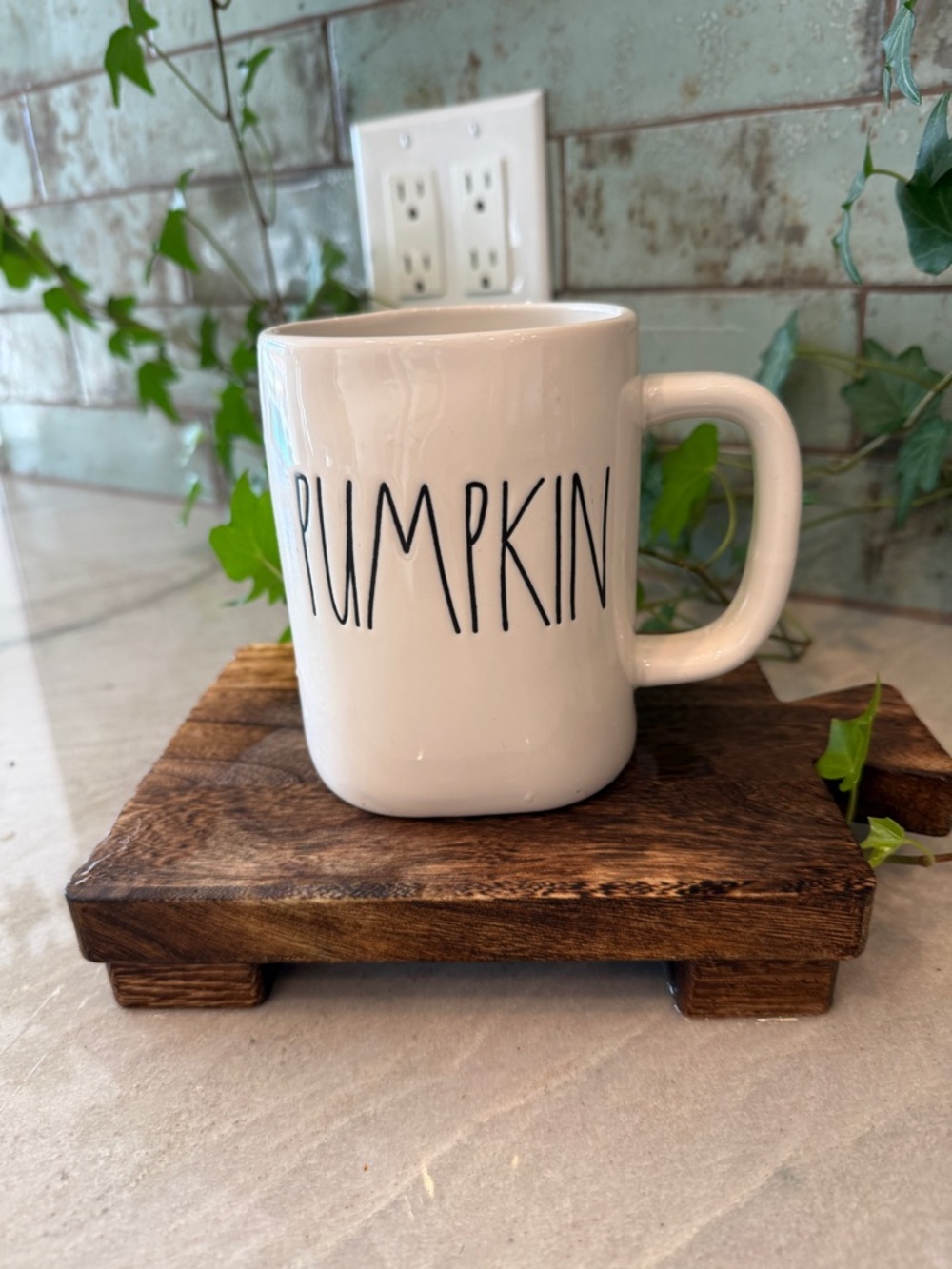 Rae Dunn White Mug with Dark Green Interior - "Pumpkin"